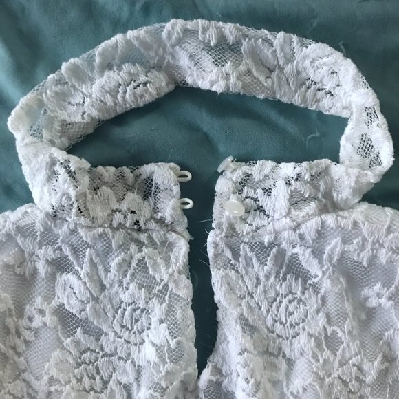 White Ivory Floral Embroidered Lace Double Layered Sheer Long Sleeve Top - Picture 13 of 16